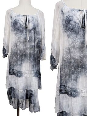Silk Tie Dye Dress Tunic Size Medium White Grey Relaxed Fit Flowy